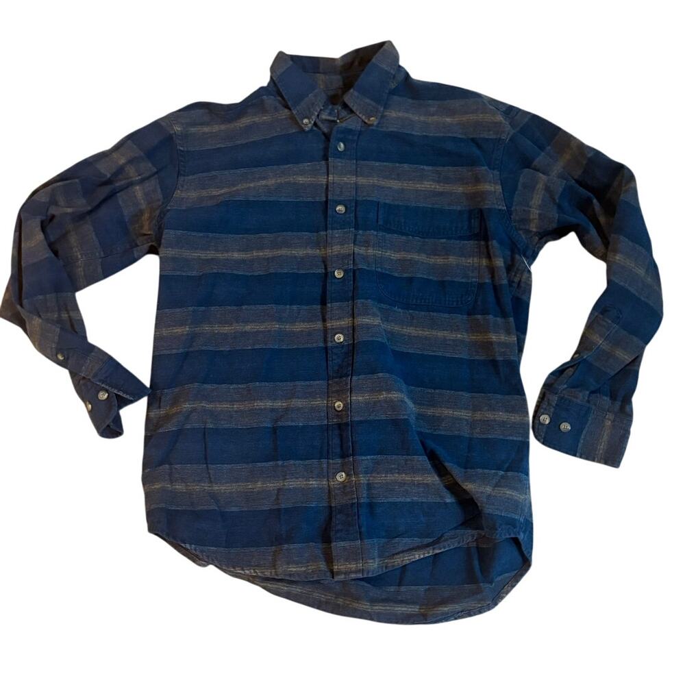 Cabelas 100% Cotton Medium Regular Navy and Brown Striped Button Down EUCโ